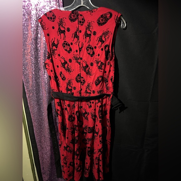 Voodoo Vixen Red Nesting Dolls And Reindeer Holiday Flocked Flare Dress - Picture 4 of 5